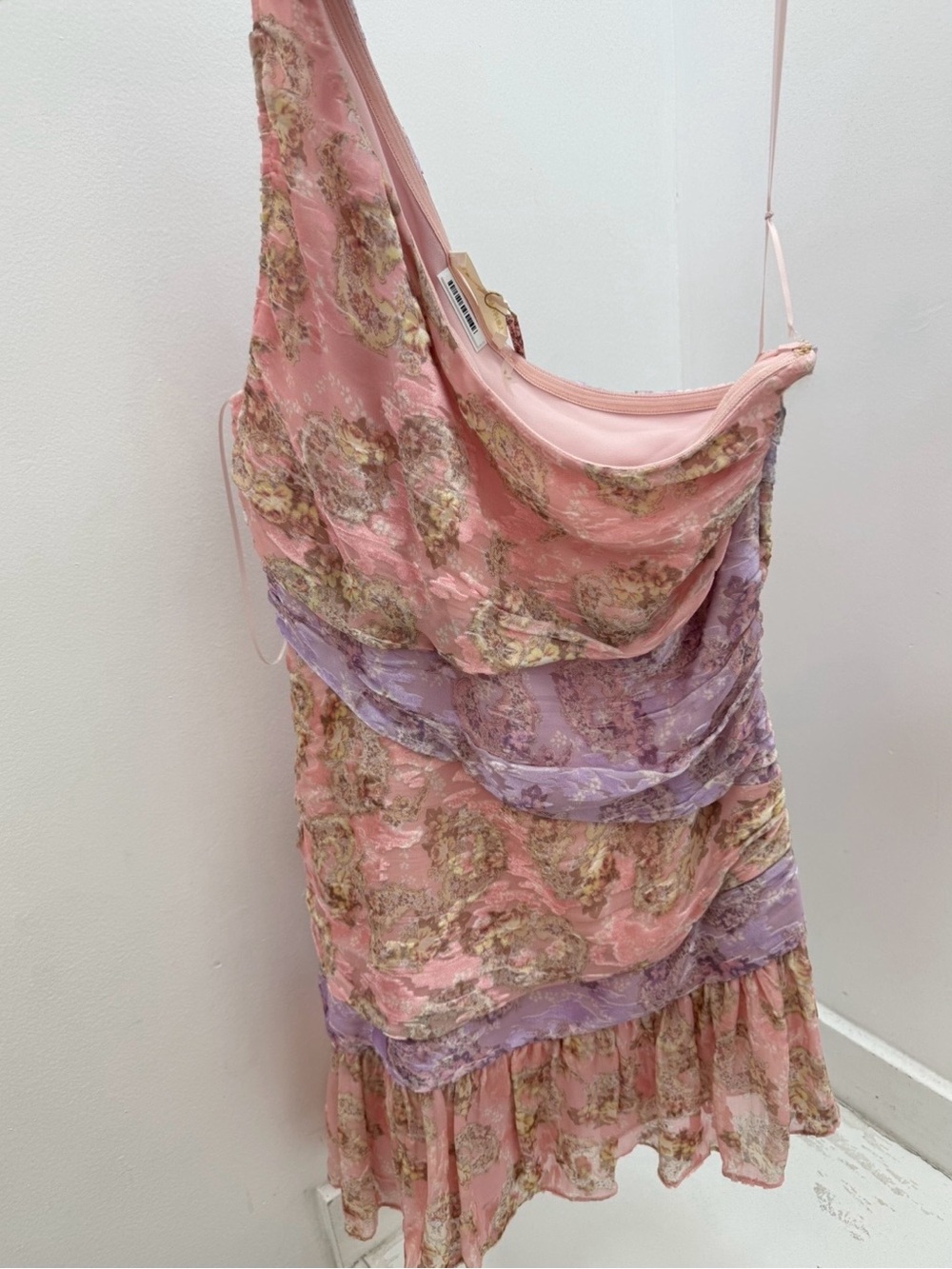 LoveShackFancy Zietta Pink and Lavender One-Shoulder Floral Mini Dress